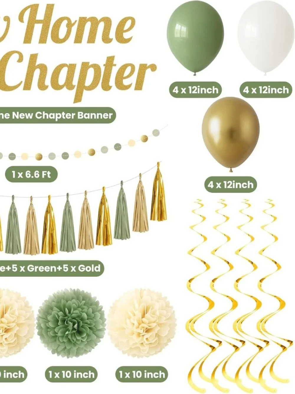 New Home New Chapter Housewarming Decorations Set Green Gold Balloons Banner